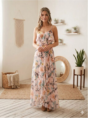BCBGeneration Pink Floral Ruffle Faux Wrap Maxi Dress Size M Boho Romantic